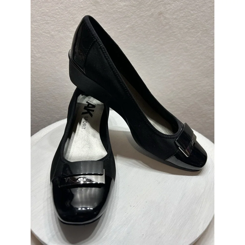 Ak Anne Klein Sport Wedge Shoes Patent Black Fabric Buckle Women's 10M